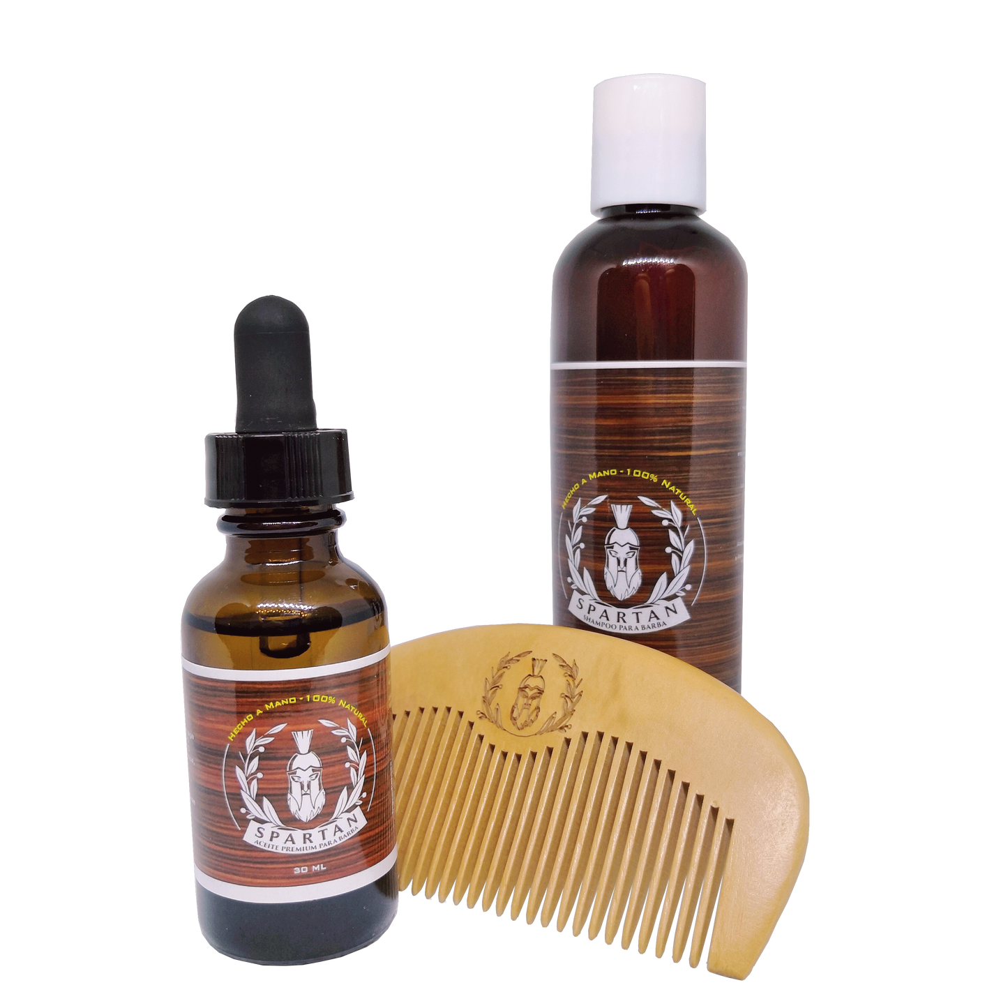 H) Kit Indispensable de Cuidado de Barba Spartan: Aceite, Shampoo y Peine – Combo Esencial