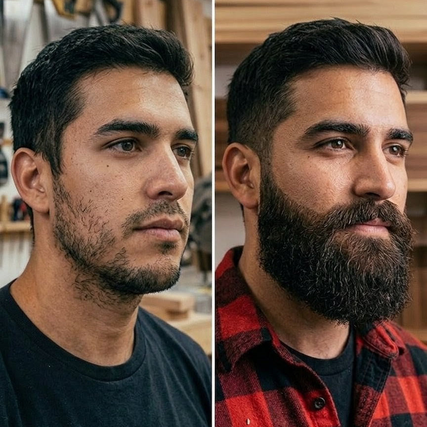 Before-and-after image of a man with sparse facial hair and a fuller beard after using Spartan Beard Balm as part of his beard growth routine.