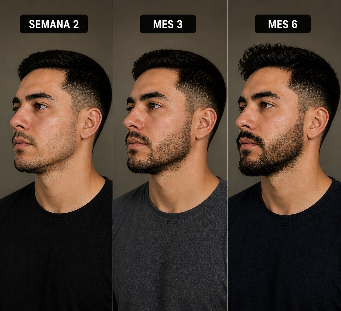 Three-step beard growth progression showing beard development from the beginning of treatment to six months using Spartan Beard Balm, with before and after beard growth results.