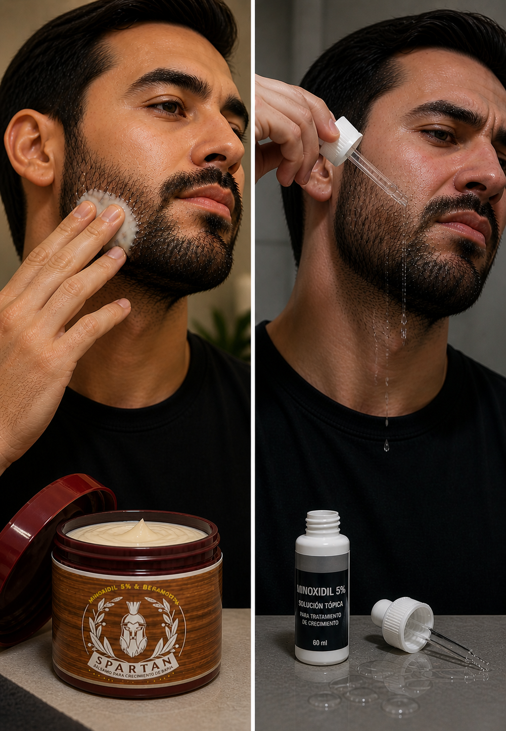 Side-by-side comparison of a man comfortably applying Spartan Beard Growth Balm to his beard versus the same man awkwardly applying liquid minoxidil to his beard, highlighting the difference in application experience.