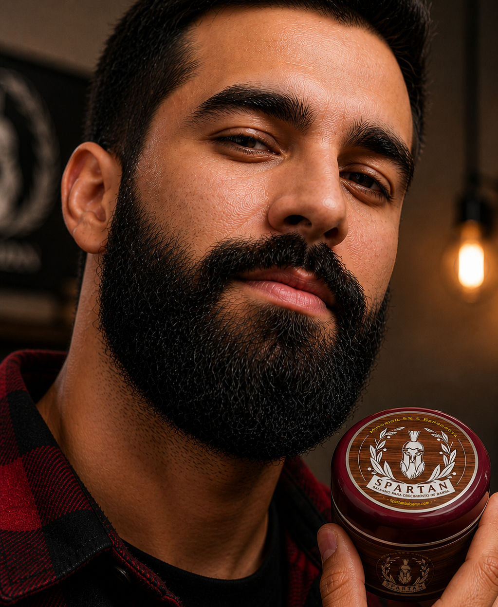 Man with a thick full beard holding Spartan Beard Growth Balm with 5% Minoxidil for fuller beard growth.