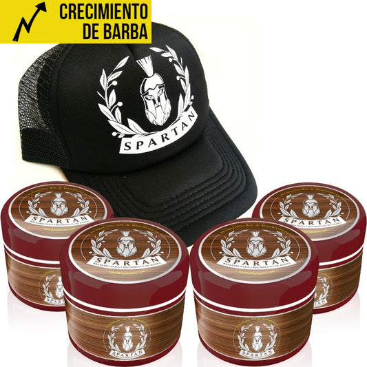 C) 4 SPARTAN BÁLSAMO + GORRA DE REGALO - Crecimiento de Barba y Bigote | Minoxidil 5% (Dosis Óptima) + Biotina + Bergamota | ENVÍO GRATIS